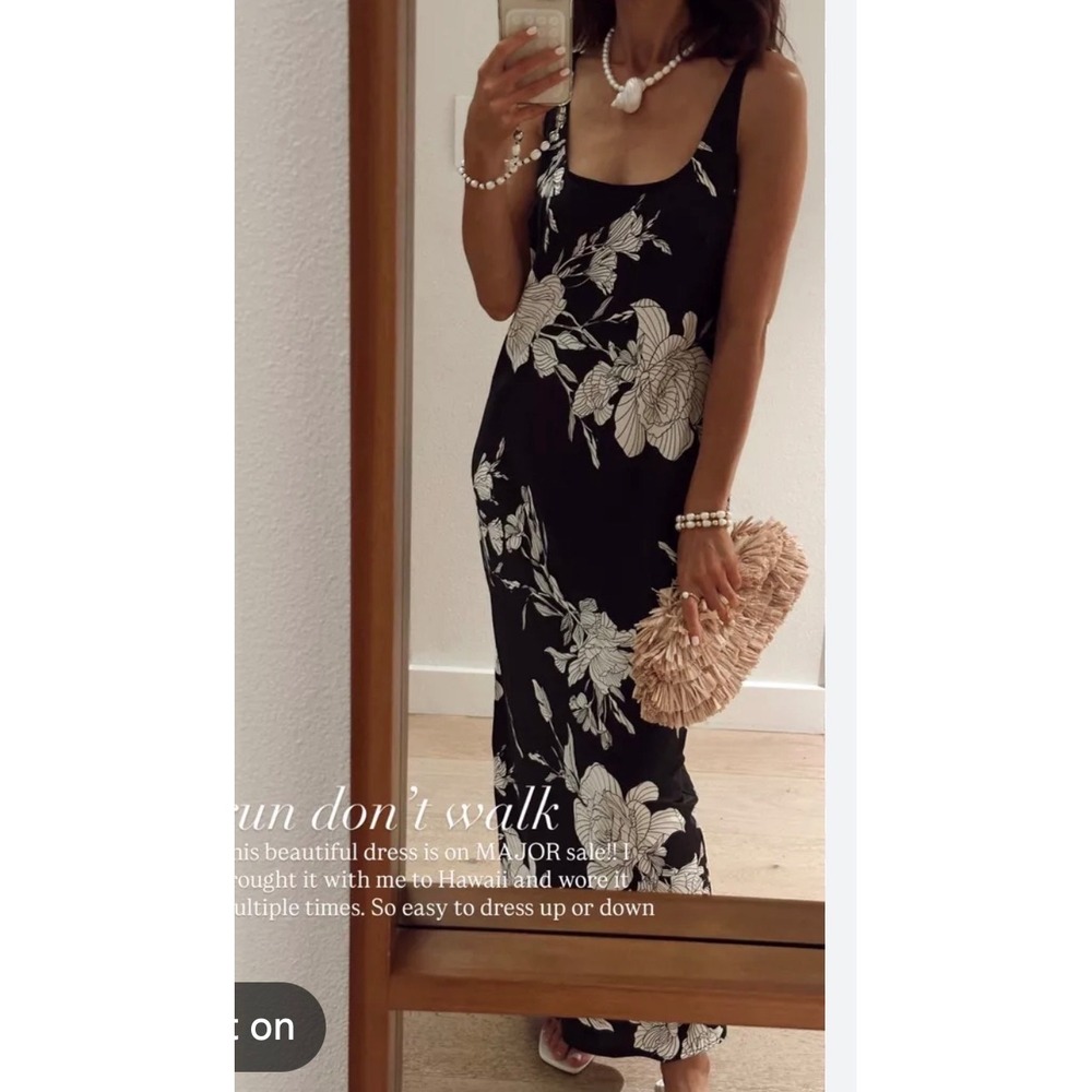 A New Day Slip Midi Dress Medium Black White NWT Floral Scoop Neck Side Slit